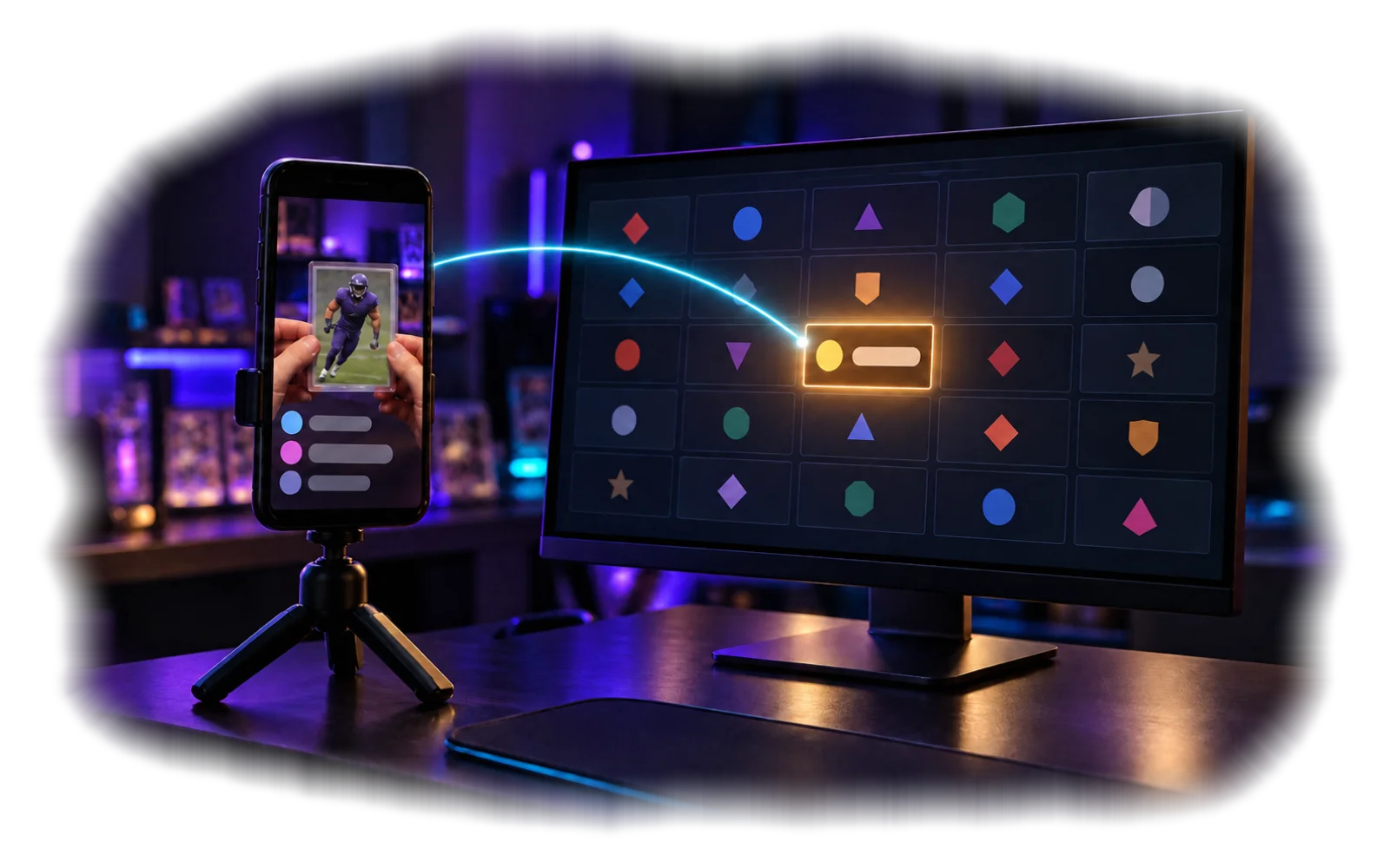 A phone livestream sends a sale to the board on a desk monitor, where one spot lights up gold.