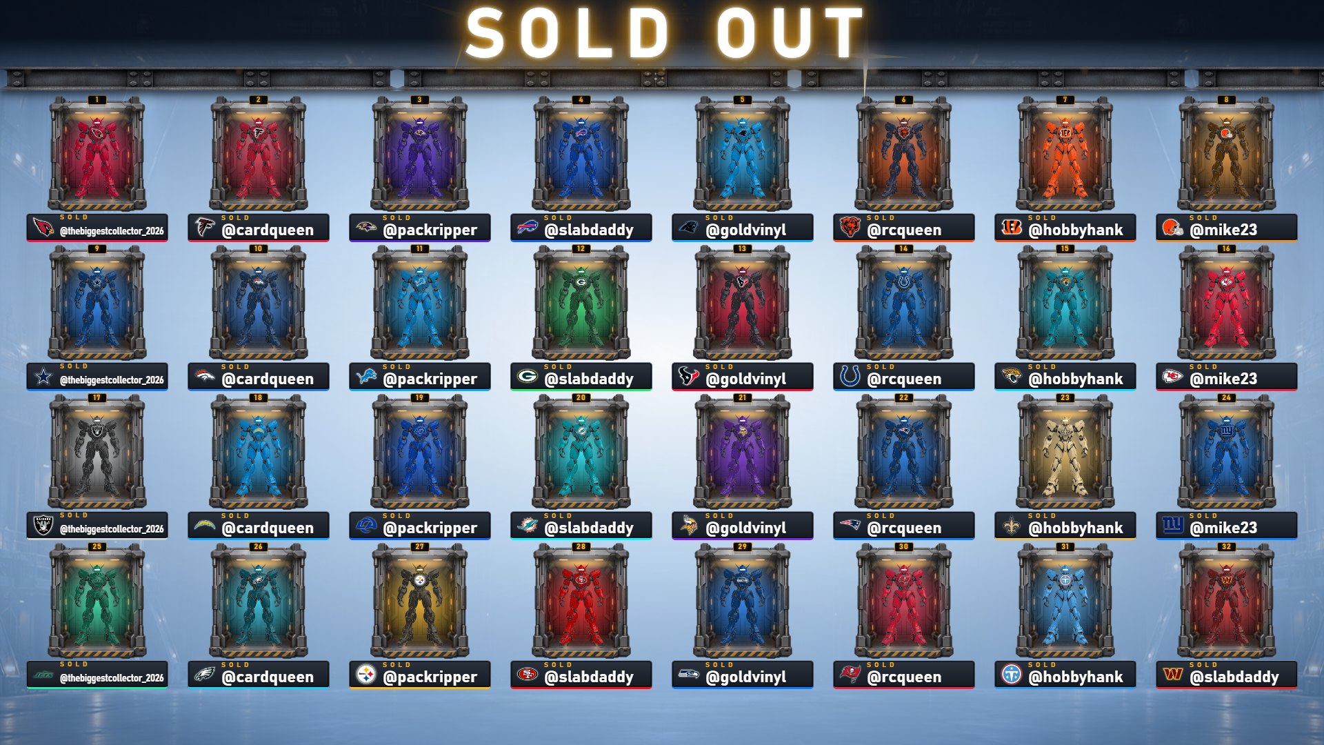 Mecha Hangar sold-out board with sample buyer names