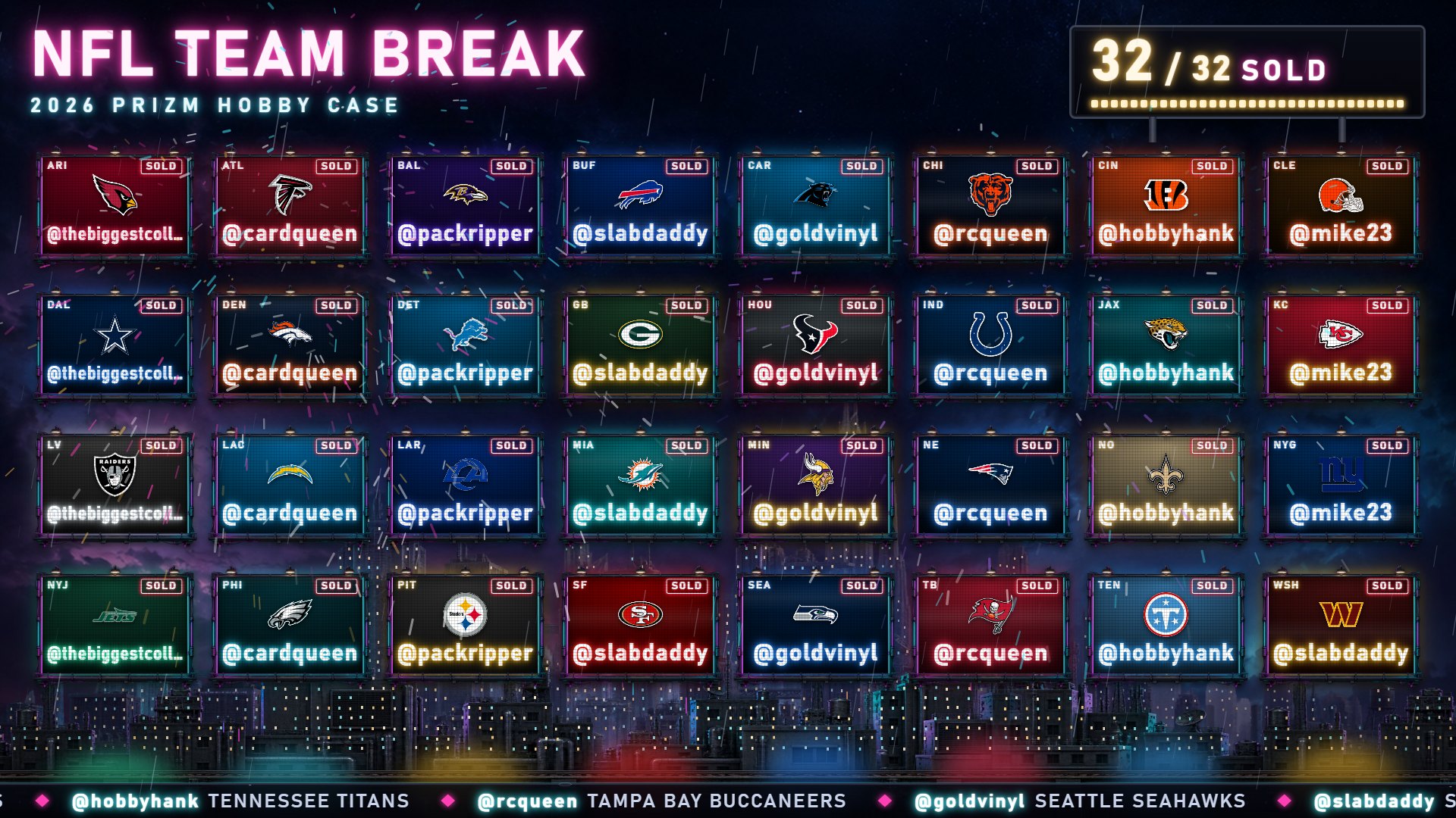 Neon City board filled with team logos and sample buyer names